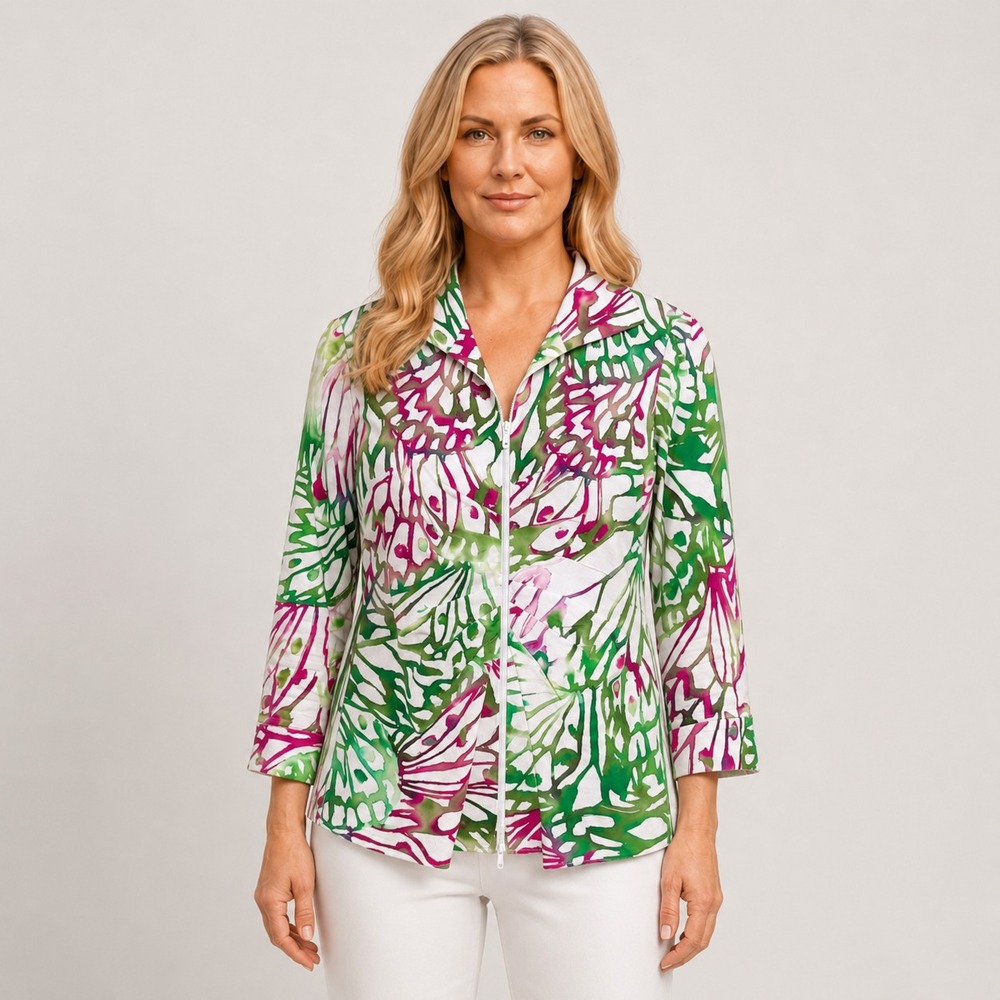Lafayette 148 NY  Tropical Floral Ruched Zip Jacket Blazer Career Teacher Size 4
